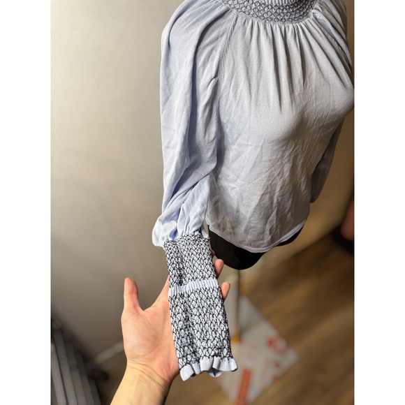 Zara Light Blue High Neck Balloon Sleeve Knit Top Womens Smocked Pullover size S - Picture 8 of 10